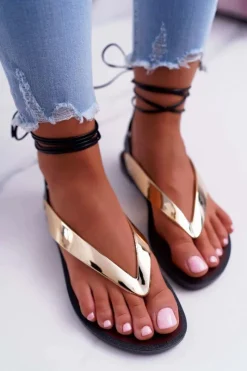 Sale Lu Boo Wiązane Złote Lustrzane Sandały Japonki Florence Damskie Sandały Płaskie|Sandały Gumowe