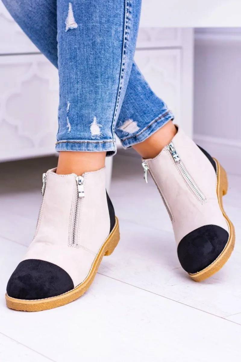 Hot Lu Boo Zamszowe Beżowe Botki Z Suwakami Inez Damskie Brązowe I Beżowe Botki|Botki Płaskie