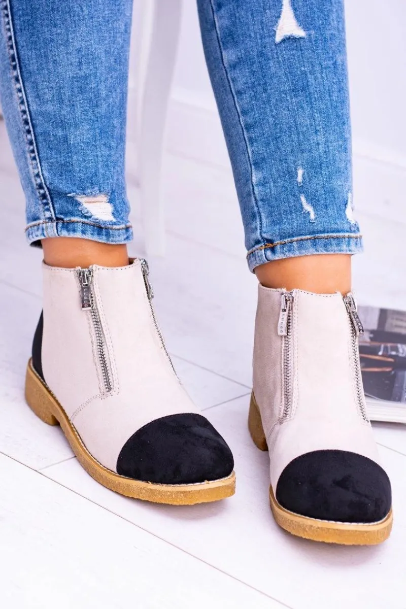 Hot Lu Boo Zamszowe Beżowe Botki Z Suwakami Inez Damskie Brązowe I Beżowe Botki|Botki Płaskie