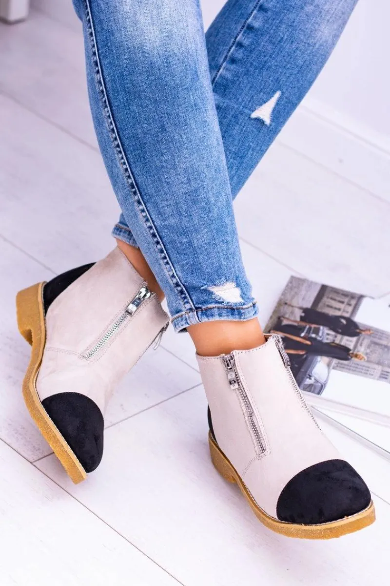 Hot Lu Boo Zamszowe Beżowe Botki Z Suwakami Inez Damskie Brązowe I Beżowe Botki|Botki Płaskie