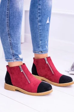 Brązowe I Beżowe Botki|Botki Płaskie>Boto Lu Boo Zamszowe Bordowe Botki Z Suwakami Inez