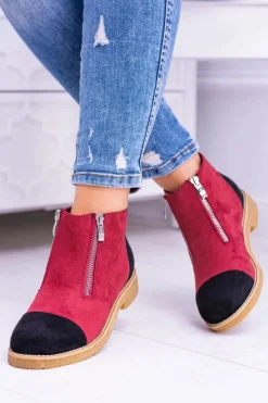 Brązowe I Beżowe Botki|Botki Płaskie>Boto Lu Boo Zamszowe Bordowe Botki Z Suwakami Inez