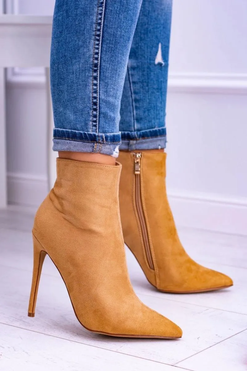 Brązowe I Beżowe Botki|Czarne Botki>Boto Lu Boo Zamszowe Botki na Szpilce Camel Veneci