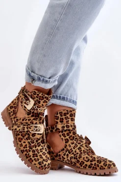 Clearance Lu Boo Zamszowe Botki Z Wycięciami Panterka Rock Girl Damskie Brązowe I Beżowe Botki|Botki Płaskie