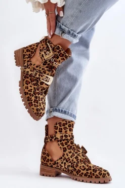 Clearance Lu Boo Zamszowe Botki Z Wycięciami Panterka Rock Girl Damskie Brązowe I Beżowe Botki|Botki Płaskie