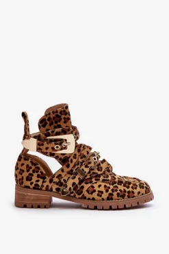 Clearance Lu Boo Zamszowe Botki Z Wycięciami Panterka Rock Girl Damskie Brązowe I Beżowe Botki|Botki Płaskie