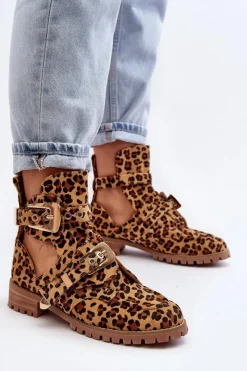 Clearance Lu Boo Zamszowe Botki Z Wycięciami Panterka Rock Girl Damskie Brązowe I Beżowe Botki|Botki Płaskie