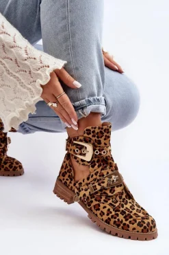 Clearance Lu Boo Zamszowe Botki Z Wycięciami Panterka Rock Girl Damskie Brązowe I Beżowe Botki|Botki Płaskie