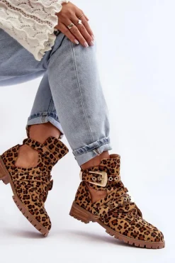 Clearance Lu Boo Zamszowe Botki Z Wycięciami Panterka Rock Girl Damskie Brązowe I Beżowe Botki|Botki Płaskie