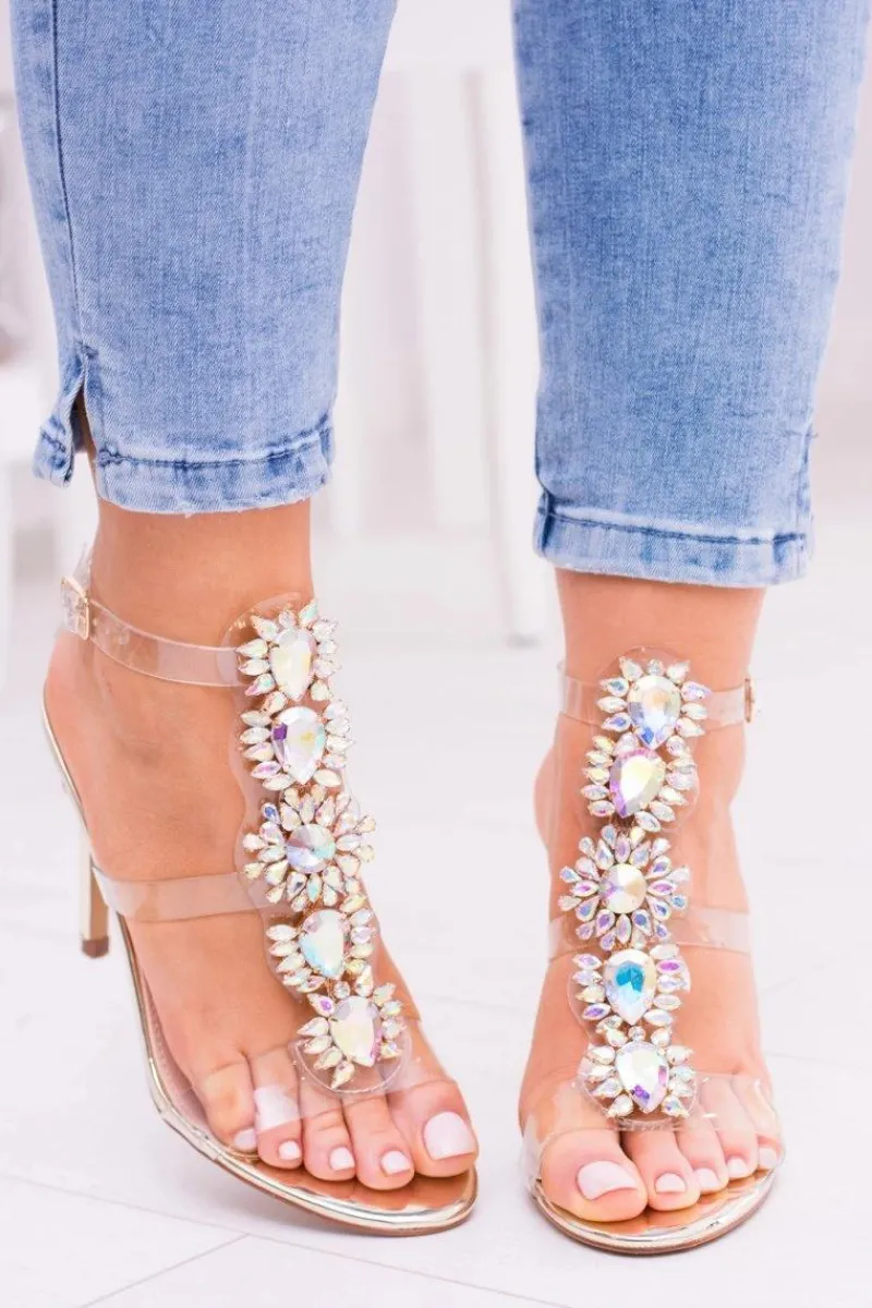 Sandały Na Obcasie>Boto Lu Boo Złote Sandały Na Szpilce Cyrkonie Serenada