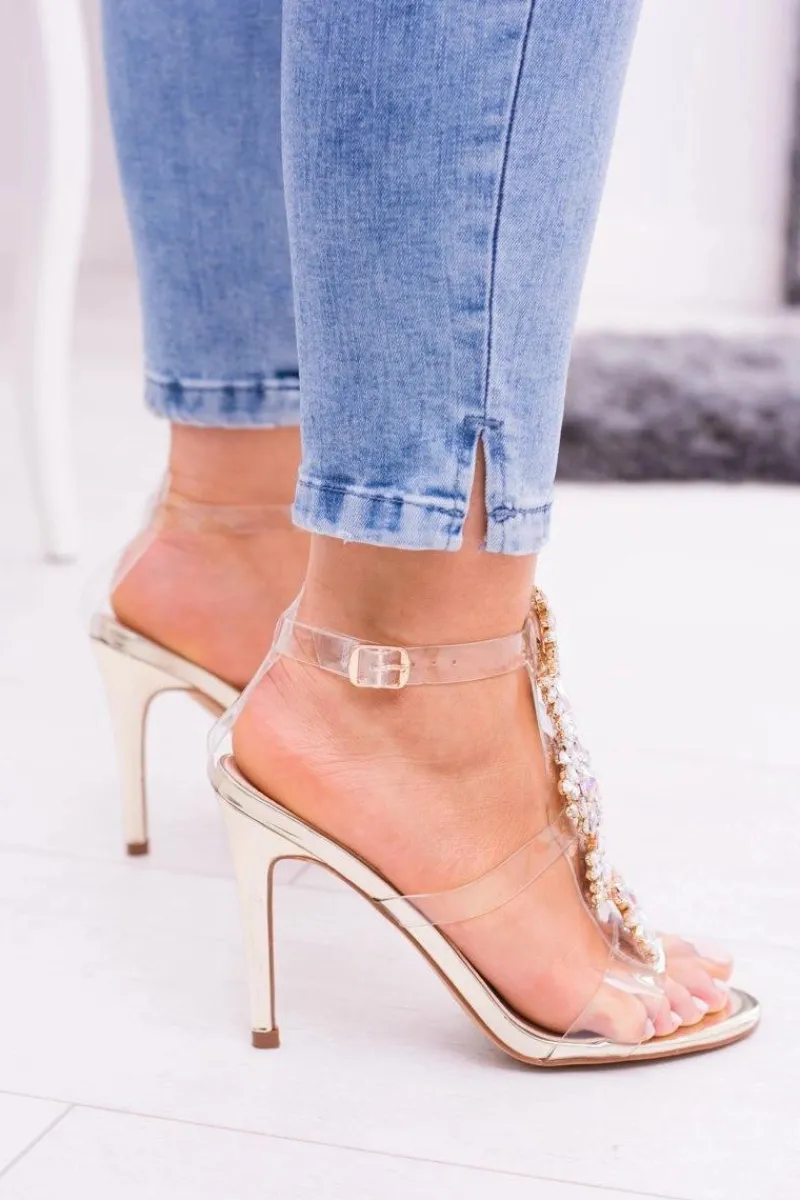 Sandały Na Obcasie>Boto Lu Boo Złote Sandały Na Szpilce Cyrkonie Serenada