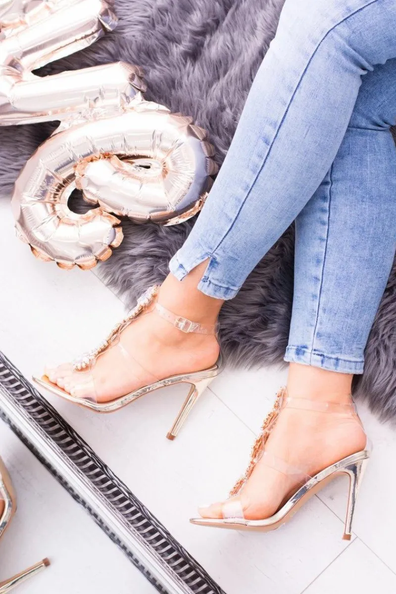 Sandały Na Obcasie>Boto Lu Boo Złote Sandały Na Szpilce Cyrkonie Serenada