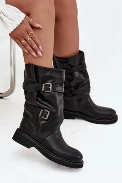 Clearance Boto Marszczone Kozaki Damskie Do Połowy Łyski Z Paskami I Klamrami Czarne Halvessa Czarny