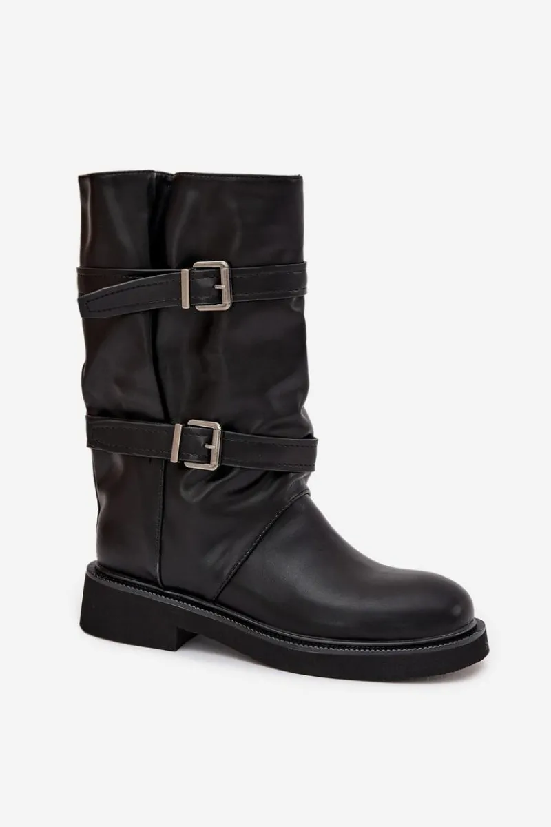 Clearance Boto Marszczone Kozaki Damskie Do Połowy Łyski Z Paskami I Klamrami Czarne Halvessa Czarny