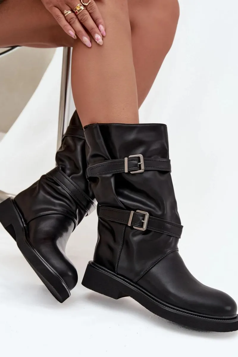 Clearance Boto Marszczone Kozaki Damskie Do Połowy Łyski Z Paskami I Klamrami Czarne Halvessa Czarny