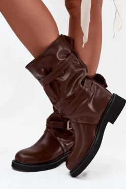 Online Marszczone Kozaki Damskie Do Połowy Łyski Z Paskami I Klamrami Brązowe Halvessa Damskie Kozaki Ocieplane|Kozaki Płaskie