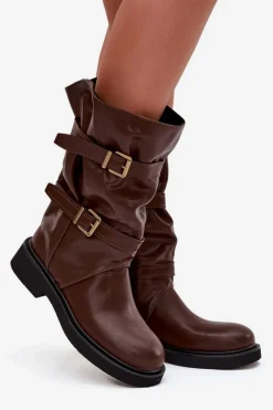 Online Marszczone Kozaki Damskie Do Połowy Łyski Z Paskami I Klamrami Brązowe Halvessa Damskie Kozaki Ocieplane|Kozaki Płaskie