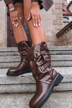 Online Marszczone Kozaki Damskie Do Połowy Łyski Z Paskami I Klamrami Brązowe Halvessa Damskie Kozaki Ocieplane|Kozaki Płaskie