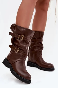 Online Marszczone Kozaki Damskie Do Połowy Łyski Z Paskami I Klamrami Brązowe Halvessa Damskie Kozaki Ocieplane|Kozaki Płaskie