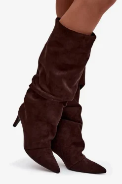 Kozaki Ocieplane|Kozaki Na Szpilce></noscript>Boto Marszczone Kozaki Na Szpilce Z Eko Zamszu Ocieplane Czekoladowe Mavella Brązowy