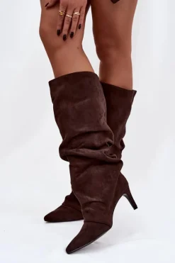 Kozaki Ocieplane|Kozaki Na Szpilce></noscript>Boto Marszczone Kozaki Na Szpilce Z Eko Zamszu Ocieplane Czekoladowe Mavella Brązowy