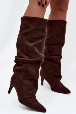 Kozaki Ocieplane|Kozaki Na Szpilce></noscript>Boto Marszczone Kozaki Na Szpilce Z Eko Zamszu Ocieplane Czekoladowe Mavella Brązowy