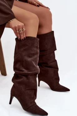 Kozaki Ocieplane|Kozaki Na Szpilce></noscript>Boto Marszczone Kozaki Na Szpilce Z Eko Zamszu Ocieplane Czekoladowe Mavella Brązowy