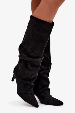 Kozaki Ocieplane|Kozaki Na Szpilce></noscript>Boto Marszczone Kozaki Na Szpilce Z Eko Zamszu Ocieplane Czarne Mavella Czarny