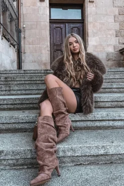 Online Marszczone Kozaki Na Szpilce Z Eko Zamszu Ocieplane Ciemnobeżowe Mavella Damskie Kozaki Ocieplane|Kozaki Na Szpilce