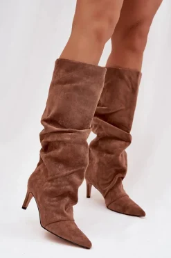 Online Marszczone Kozaki Na Szpilce Z Eko Zamszu Ocieplane Ciemnobeżowe Mavella Damskie Kozaki Ocieplane|Kozaki Na Szpilce