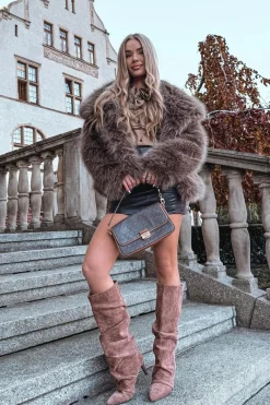 Online Marszczone Kozaki Na Szpilce Z Eko Zamszu Ocieplane Ciemnobeżowe Mavella Damskie Kozaki Ocieplane|Kozaki Na Szpilce