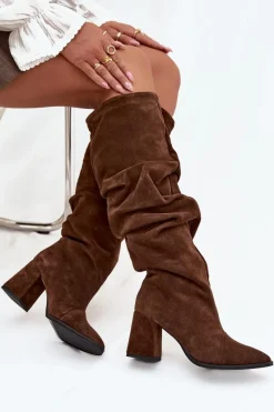 New Zazoo Marszczone Kozaki Z Naturalnego Zamszu Na Słupku Ocieplane 4228 Brązowe Brązowy