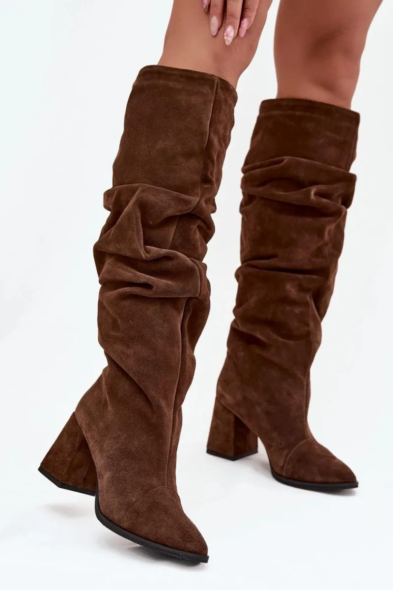 New Zazoo Marszczone Kozaki Z Naturalnego Zamszu Na Słupku Ocieplane 4228 Brązowe Brązowy