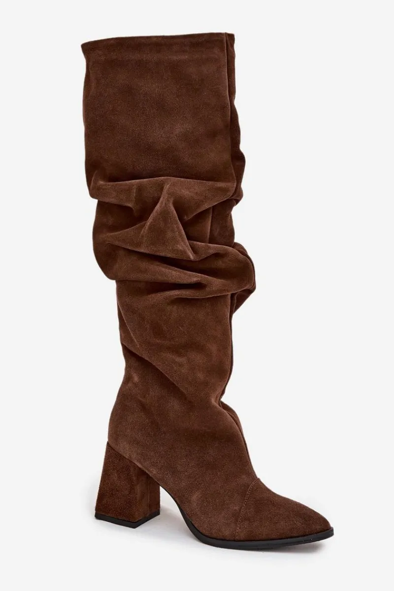 New Zazoo Marszczone Kozaki Z Naturalnego Zamszu Na Słupku Ocieplane 4228 Brązowe Brązowy