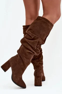 New Zazoo Marszczone Kozaki Z Naturalnego Zamszu Na Słupku Ocieplane 4228 Brązowe Brązowy