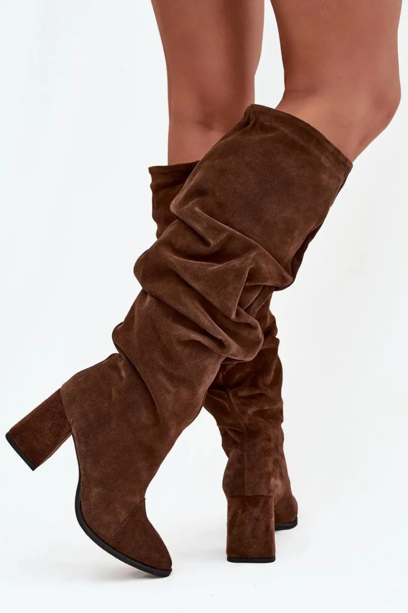 New Zazoo Marszczone Kozaki Z Naturalnego Zamszu Na Słupku Ocieplane 4228 Brązowe Brązowy