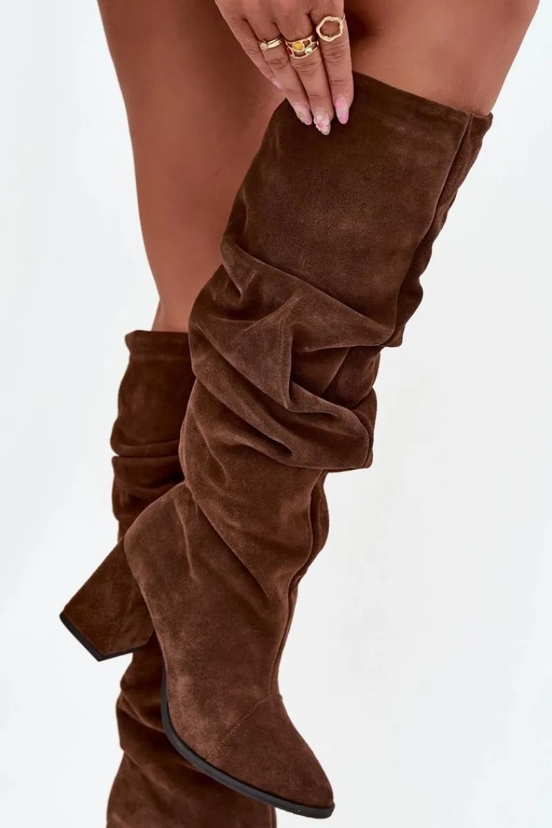 New Zazoo Marszczone Kozaki Z Naturalnego Zamszu Na Słupku Ocieplane 4228 Brązowe Brązowy