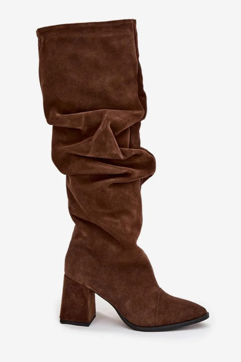 New Zazoo Marszczone Kozaki Z Naturalnego Zamszu Na Słupku Ocieplane 4228 Brązowe Brązowy