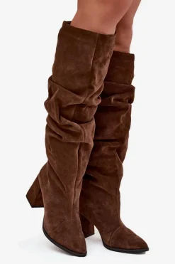 New Zazoo Marszczone Kozaki Z Naturalnego Zamszu Na Słupku Ocieplane 4228 Brązowe Brązowy