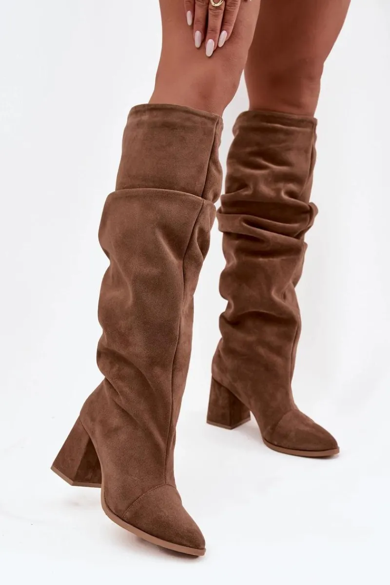 Online Marszczone Kozaki Z Naturalnego Zamszu Na Słupku Ocieplane 4228 Jasnobrązowe Damskie Kozaki Ocieplane|Kozaki Na Słupku