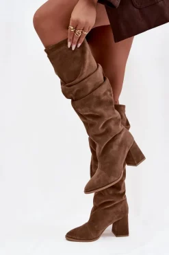 Online Marszczone Kozaki Z Naturalnego Zamszu Na Słupku Ocieplane 4228 Jasnobrązowe Damskie Kozaki Ocieplane|Kozaki Na Słupku