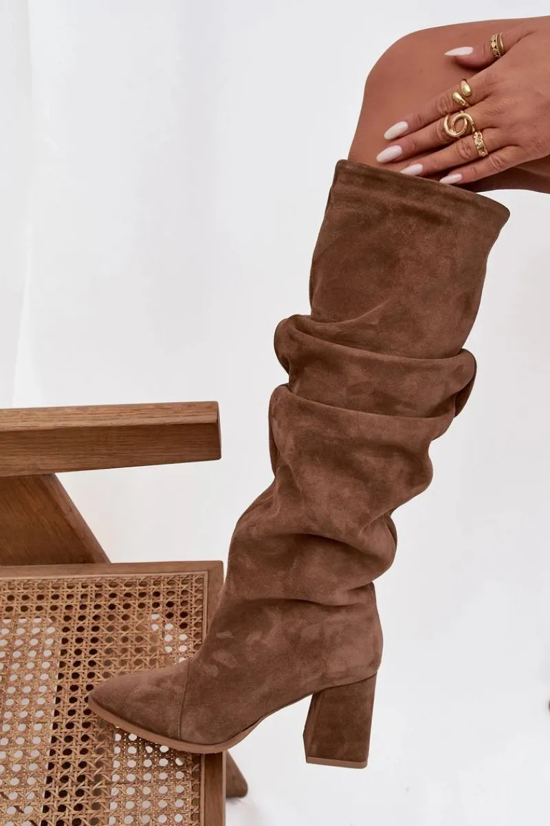 Online Marszczone Kozaki Z Naturalnego Zamszu Na Słupku Ocieplane 4228 Jasnobrązowe Damskie Kozaki Ocieplane|Kozaki Na Słupku