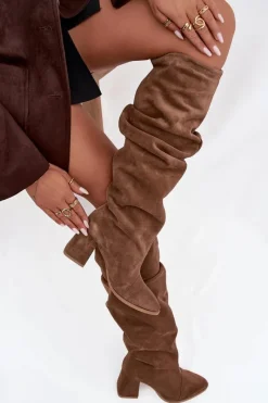 Online Marszczone Kozaki Z Naturalnego Zamszu Na Słupku Ocieplane 4228 Jasnobrązowe Damskie Kozaki Ocieplane|Kozaki Na Słupku