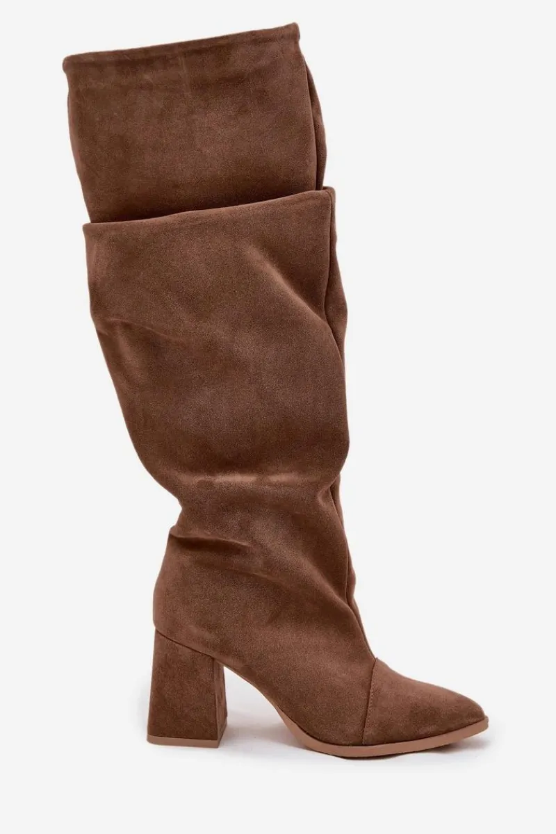 Online Marszczone Kozaki Z Naturalnego Zamszu Na Słupku Ocieplane 4228 Jasnobrązowe Damskie Kozaki Ocieplane|Kozaki Na Słupku