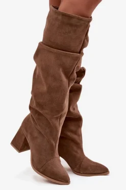 Online Marszczone Kozaki Z Naturalnego Zamszu Na Słupku Ocieplane 4228 Jasnobrązowe Damskie Kozaki Ocieplane|Kozaki Na Słupku