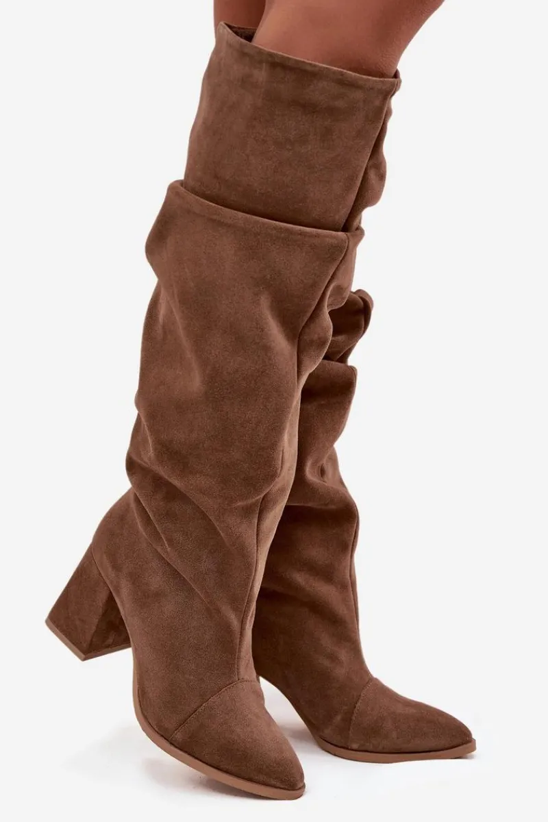 Online Marszczone Kozaki Z Naturalnego Zamszu Na Słupku Ocieplane 4228 Jasnobrązowe Damskie Kozaki Ocieplane|Kozaki Na Słupku