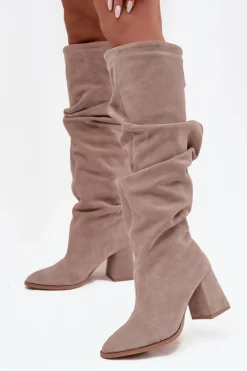 Outlet Zazoo Marszczone Kozaki Z Naturalnego Zamszu Na Słupku Ocieplane 4228 Beżowe Beżowy