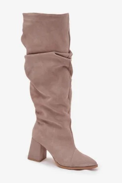 Outlet Zazoo Marszczone Kozaki Z Naturalnego Zamszu Na Słupku Ocieplane 4228 Beżowe Beżowy