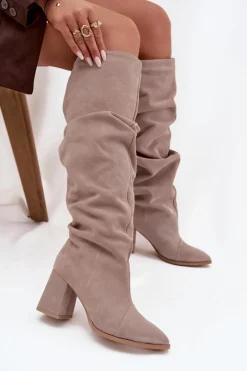 Outlet Zazoo Marszczone Kozaki Z Naturalnego Zamszu Na Słupku Ocieplane 4228 Beżowe Beżowy