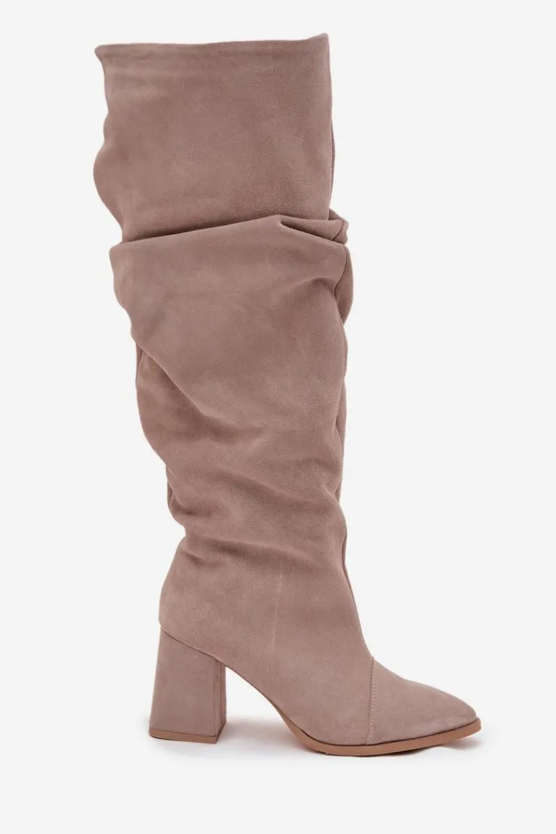 Outlet Zazoo Marszczone Kozaki Z Naturalnego Zamszu Na Słupku Ocieplane 4228 Beżowe Beżowy